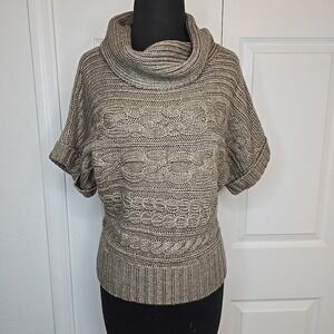 NINE WEST Women Turtleneck Sweater Sz M Brown Short Sleeve‎ Cowl Cable Knit Wool